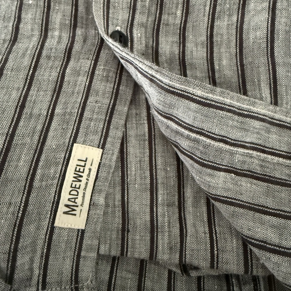 Madewell Perfect Fit Mens M Gray 100% Linen Striped Button Up Short Sleeve Shirt - Picture 8 of 11